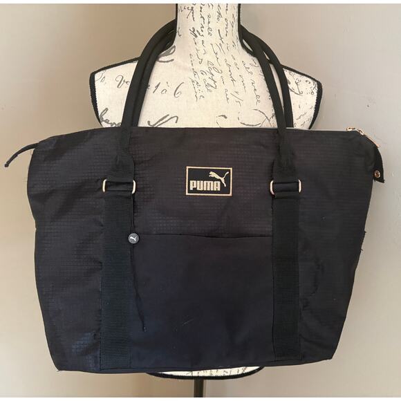 Puma Jane Black Gold Logo Tote Travel Shoulder Lightweight Front Pocket Duffle - Picture 10 of 10